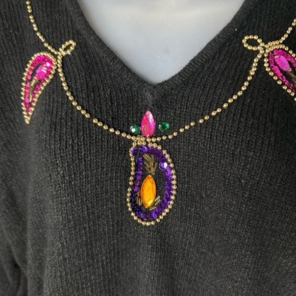 80s Bling Casino Grandma Sweater Black Beaded Jewel Button Silk Angora Medium - Picture 4 of 5